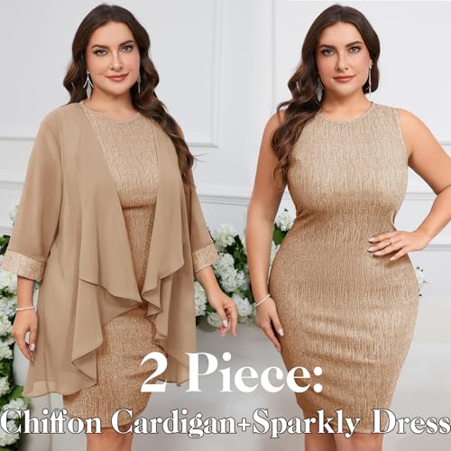Image of ZOMVA Plus Size Sparkly Formal Dress Suit 2 Piece Mother of The Bride Groom Chiffon Jacket Outfit Cocktail Evening