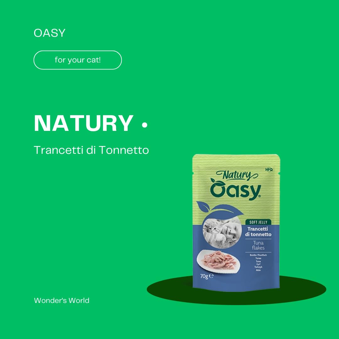 Oasy Gato Natural • Trancetti de atún | Alimento húmedo complementario para gatos adultos, producto sin colorantes ni conservados añadidos, en gelatina, 12 sobres de 70 gramos cada una.