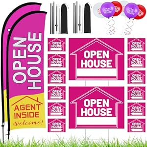 Buryeah 106 Pcs Real Estate Supplies – 2 Open House Flags with Pole Kits, 14 Double Sided Open House Directional Arrow Signs with Stakes and 90 Balloons for Real Estate Agents(Purple)