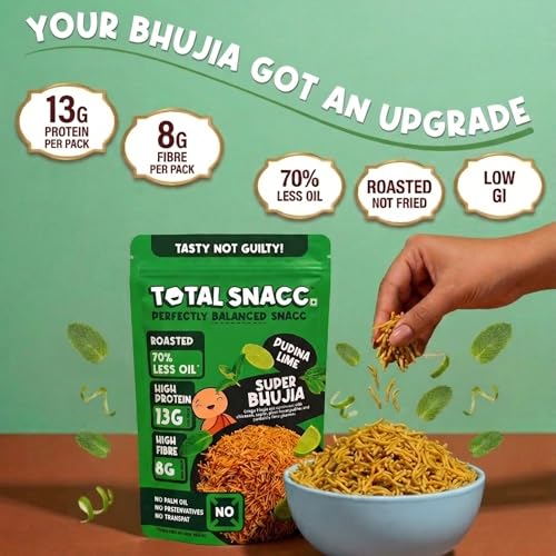 Image of TOTAL SNACC Roasted Protein Bhujia Combo (70g x 6 Packs) | 13g Protein & 8g Fibre per pack | 70% Less Oil | No Palm Oil | Indian Masala, Peri Peri, & Pudina Lime | Healthy Snacks Combo | Millet Bhujiya | Baked Bhujia Sev | Baked Namkeen | Diabetic Friendly | Low Calorie