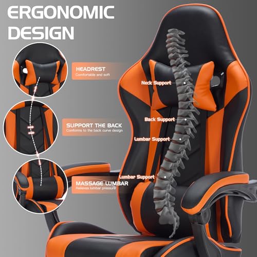 Image of Gaming Desk Chair for Adults, Ergonomic Gaming Chair (Black+Orange) | with Footrest Headrest and Lumbar Support, Leather Material Height Adjustable computer Video Game Chairs