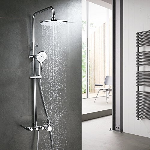 HOMELODY Columna de Ducha Conjunto de Ducha con Estante Altura de Barra Ajustable 850 - 1300 MM Ducha de Lluvia 3 Tipos Ducha de Mano Ducha Redonda con Grifo para Bañera