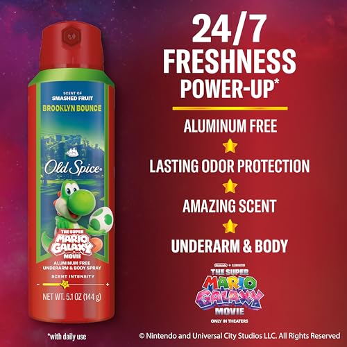 Image of Old Spice Aluminum Free Body Spray for Men, Old Spice x The Super Mario Galaxy Movie, 24 /7 Lasting Freshness, Lasting Odor Protection, Smell Super with Brooklyn Bounce, Smashed Fruit Scent, 5.1 oz