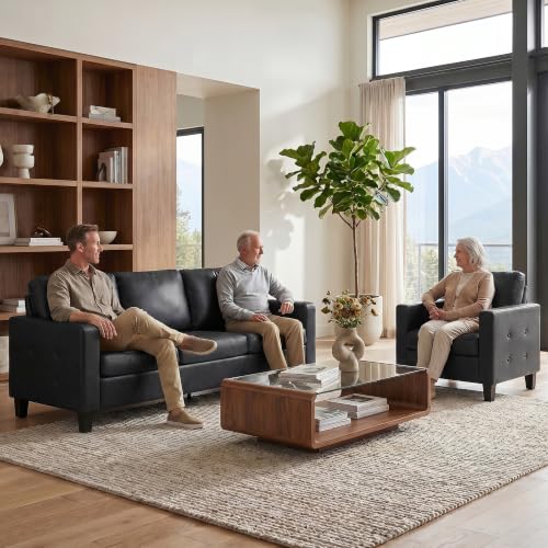 Image of STHOUYN Black Faux Leather 3 Seater Sofa and Accent Chair Set (3+1)