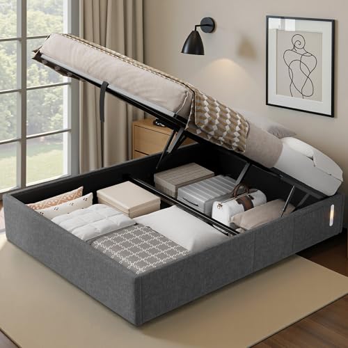 LUXOAK Bett 140x200 cm mit Stauraum und Gasdruckfeder, USB-Anschluss, LED-Nachtlicht, Seitentasche, geräuscharm, einfache Montage, kein Boxspring nötig, grau LUXOAK Bett 140x200 cm mit Stauraum und Gasdruckfeder, USB-Anschluss, LED-Nachtlicht, Seitentasche, geräuscharm, einfache Montage, kein Boxspring nötig, grau