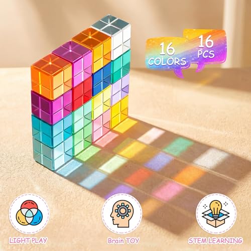 Image of Meooeck 16 Pcs Colored Acrylic Cube Gem Blocks with Wooden Storage Box, Translucent Rainbow Building Stacking Sensory Train Prims Toys for Toddler Kids Montessori School Classroom Supplies
