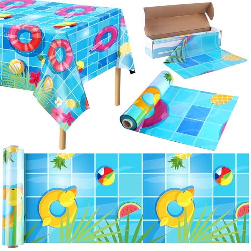 Image of Kochorie 100 Ft x 54 Inch Swimming Pool Plastic Tablecloth Roll Pool Party Table Cover Roll with Cutter Box Summer Themed Ocean Backdrop for Summer Beach Pool Ocean Party Supplies