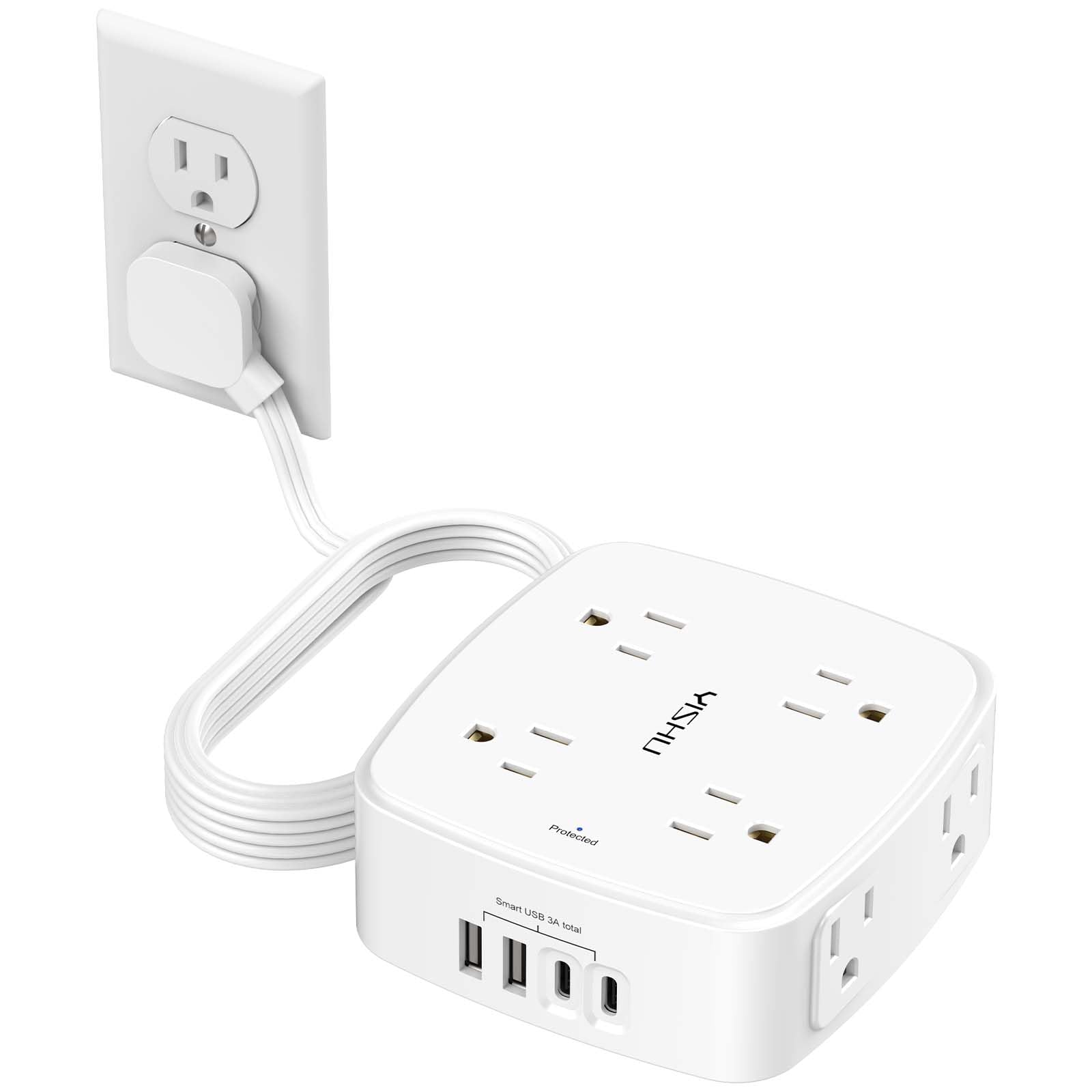 10 Ft Surge Protector Power Strip - YISHU 8 Widely Outlets with 4 USB Ports, 3 Side Outlet Extender with 10 Feet Flat Extension Cord, Ultra Flat Plug, Wall Mount, Desk USB Charging Station, ETL, White