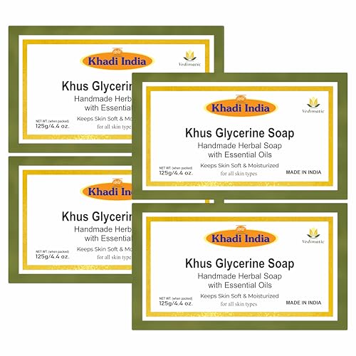 Image of Khadi 100% Pure & Natural Herbal Khus Soap| Herbal Handmade Soap| Long lasting aroma| Calms dry skin|Natural Soap with Essential Oils|500gm. pack of 4