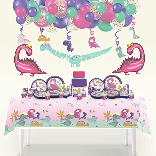 My Greca Dinosaur Party Supplies Set– (Serves 20) - Birthday Party Decorations For Girls - Large Foil Balloons, Plates, Cups, Cupcake Toppers & Wrappers, Happy Birthday Banner, Balloon Garland Kit #TOP3