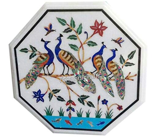 16 x 16 Inches Octagonal Marble Peacock Design Corner Table Top Stone