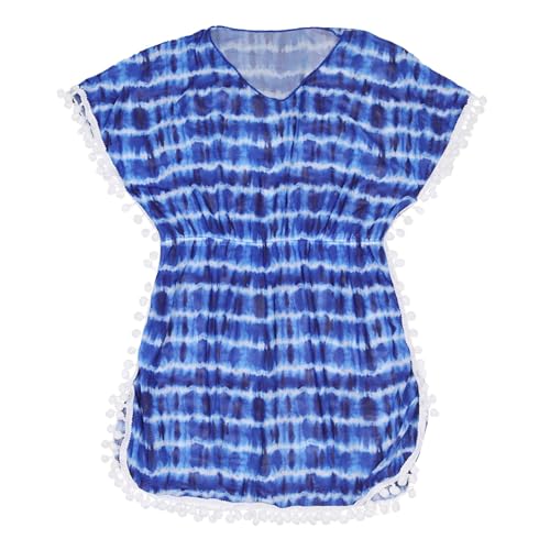 Girls Swim Cover Up Dress with Tassels Short Sleeve Beach Tunic for Kids, Cute Pompom Bathing Suit Coverup Swimwear