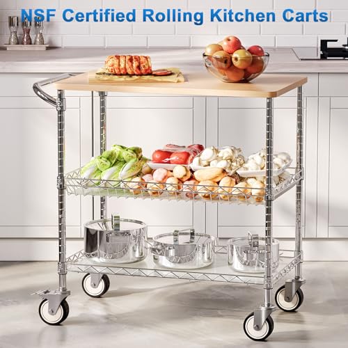 Image of Rolling Kitchen Carts with Wheels, 3-Tier Utility Cart with Wood Tabletop
