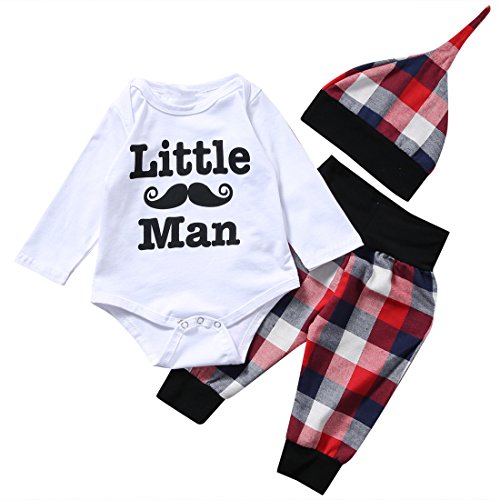 Image of Baby Little Man Print Romper+Plaid Pants+Hat Outfits Set Layette Gift Set (White, 0-6 Months)