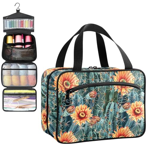 YNNALE Sewing Supply Organizer Bag, Green Cactus Yellow Flowers Tropical Portable Sewing Bags with Pockets&Hanger, Sewing Storage Box Case for Sew Supplies/Kit/Tools/Accessories (BAG ONLY)