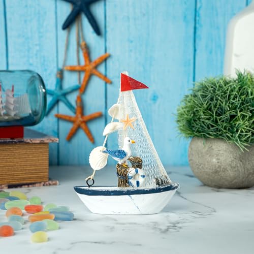 Image of Decorative Sailboat Nautical Model Showpiece - 16 * 3 * 11.5 cm | Miniature Sailing Boat Showpiece for Home Decor, Cafe, Office & Table Desk Decoration | Small Size Dark Blue-Sea-Gull