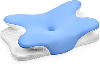 Ehomfory Oreiller Ergonomique Cervical, 2 en 1 Oreiller Memoire Forme pour la Nuque, Oreiller pour Dormir sur Le côté, Le Dos et Le Ventre, 62 x 41 x 9/12cm (Bleu)