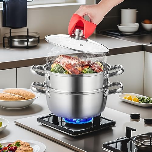 ANSNOW Steamer Pot, Steamer Pot for Cooking with 5Qt Stock Pot and Vegetable Steamer,-Grade Steamer Cookware with Lid for Gas Electric Induction Grill Stove/1 Tier 24Cm/1 Tier 24Cm - Image 2