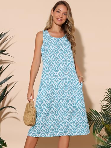 Image of Seta T Women's Summer Dresses Beach Casual Sleeveless Sundress Crewneck Print Loose Midi Tank Dress with Pockets