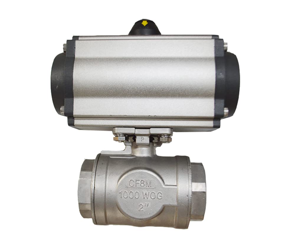 INTSUPERMAI Three-Piece 2inch Pneumatic Actuated Ball Valve Three-Way Double Acting Globe Threaded 304 Stainless Steel for Automatic Control System