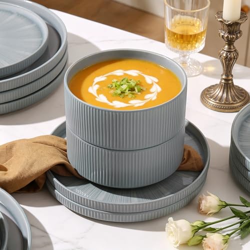 Image of Dinnerware Sets, Ceramic Plates and Bowls Set 12 Piece Dinnerware for 4 Chip Resistant Stoneware with Advanced Inkjet Printing Technology, Dishwasher and Microwave Safe-Smoky Blue
