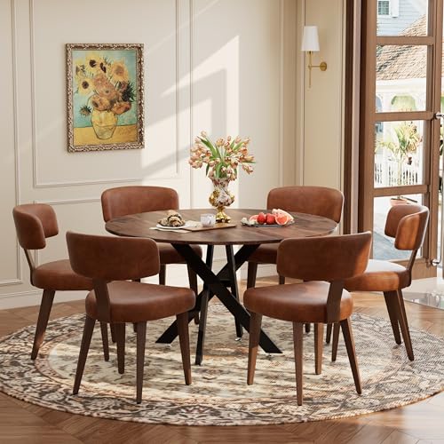 Image of Wood Dining Table Set for 6, 47 inch Round Kitchen Table with 6 Faux Leather Dining Chairs, MDF Tabletop with Metal Legs, Ergonomic Dining Chair with Metal Legs(Woodgrain Table with Brown Chairs)