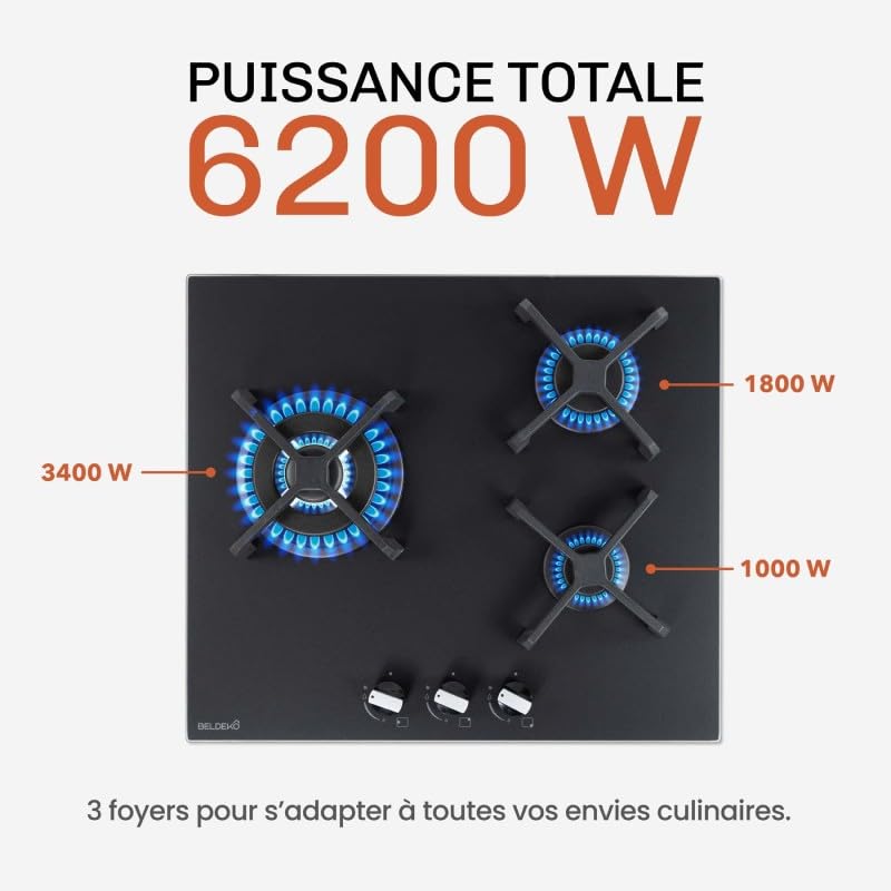 BELDEKO Plaque Gaz 3 Feux 6200W Noir Mat Grilles Fonte - Marque Française