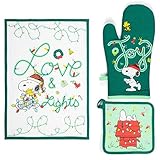 SET COMPLETO: Include un canovaccio (50x70 cm), un guanto da forno (32x18 cm) e una presina (20x20 cm) con motivo natalizio Peanuts su sfondo verde