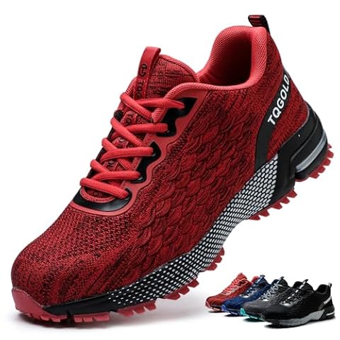 AONEGOLD Obuwie ochronne dla mężczyzn i kobiet, lekkie, stalowe noski, buty sportowe, oddychające, wygodne, antypoślizgowe, odporne na przebicie, buty robocze, rozmiar 36-40, 8391 Czerwony, 42.5 EU