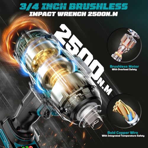 Cordless Impact Wrench 3/4 inch Compatible with Makita 18V Battery, Cerycose1850ft-lbs (2500N.m) Brushless Electric Impact Gun, High Torque Impact Driver, for Heavy-Duty Automotive & Industrial Tasks