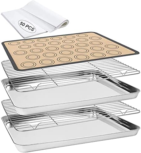 Baking Sheet, 55 PCS Baking Sheet Set with Stainless Steel 2 PCS Baking Pans+ 2 Cooling Racks+1 Silicone Baking Mat + 50 Parchment Papers Oven Safe(480 Degrees) Dishwasher Safe Half Sheet (16"/12"/1")