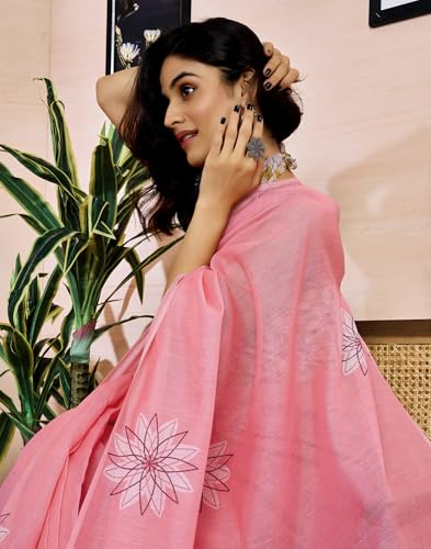 Image of SIRIL Women's Printed Chanderi Cotton One Minute Ready to Wear Saree with Unstitched Blouse Piece