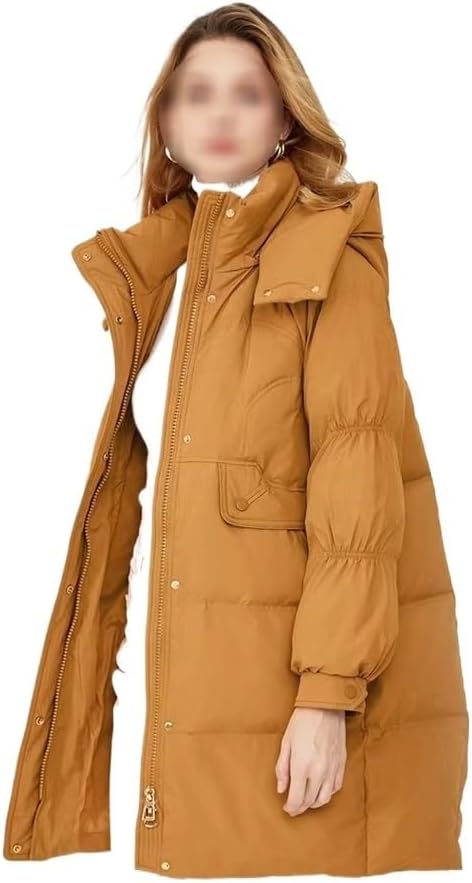 Women's Mid Length Down Jacket Hooded Long White Duck Down Yellow Down Jacket for Women