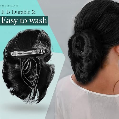 Image of HAIR WALA Flower Style Claw Clip Bun net attached Hair Extension decorative bun for attractive look Synthetic Fake Ponytail Hair extension for Women Girls, Matte Finish Color (Black)