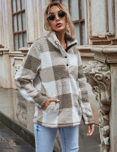 AKEWEI Women Faux Fleece Sweatshirt Fuzzy Button Pullover Coat with Pocket3
