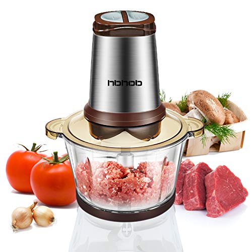 Electric Food Chopper , Meat Processor, 2L BPA-Free Glass Bowl Blender Grinder, Vegetables, Fruits and Nuts, Fast & Slow 2 Speeds, 300W, 4 Detachable Dual Layer S-Blades with Protector, Free Bottom Anti-Slip Mat