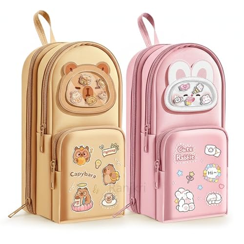 Image of Cute Pencil Pouch for Kids | Large Capacity Capibara & RABIT Design Stationery Organizer | Multi-Compartment Zipper Pencil Case for School | Waterproof PU Leather Pouch Gift for Boys & Girls
