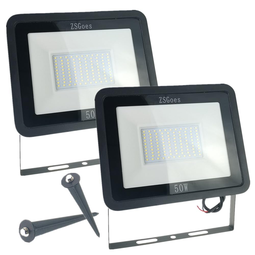 2 Pack Cool White 50W LED Flood Light Outdoor Waterproof IP65, Wall Security Landscape Lamp, Home, Square, Yard, Garage, Street, Pathway, Spike Stand, Low Voltage 12V 24V 36V 48V 60V DC AC