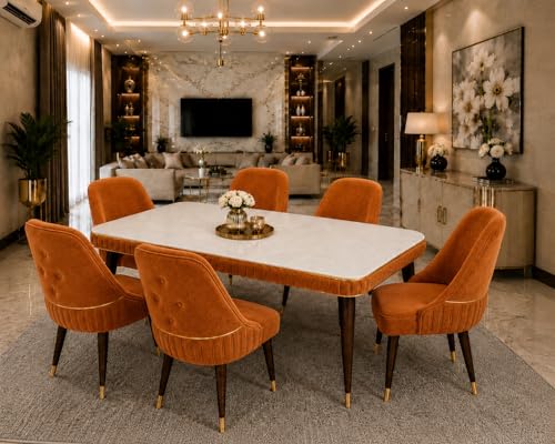 Image of WOODEN SPACE 6-Seater Wooden Dining Table Set | Nano Composite Marble Top | Solid Wood Base | Modern Dining Room Furniture with 6 Chairs (Grand Aura Mustard)