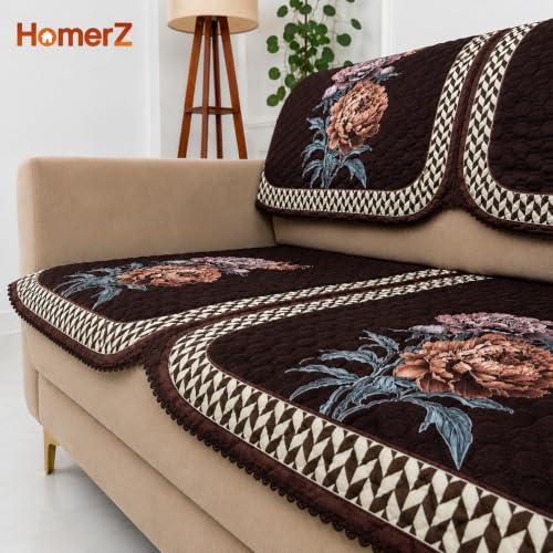 Image of Homerz 'Brooklyn Series' Premium Sofa Cover | Quilted Floral Design | Non-Slip Washable Sofa Protector | Soft Anti Slip Fabric (Ny Brown, 6 (3+2+1) Seater, Seat Cover with Backrest)