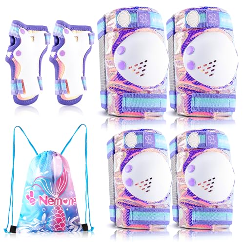 NEMONE Mermaid Knee Pads for Kids, Girls Boys Knee Elbow Pads Wrist Guards with Drawstring Bag, Adjustable Reflective Protective Gear Set for Roller Skates Bike Cycling Skateboard Scooter