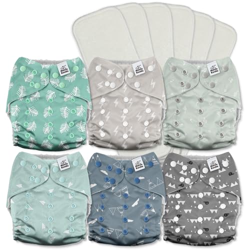 Image of Mama Koala 3.0 Pocket Cloth Diapers for Babies with AWJ Lining, 6 Pack with 6 5-Layer Natural Cloth Diaper Inserts - Reusable and Washable Pocket Diapers(A-The Gray Sky)