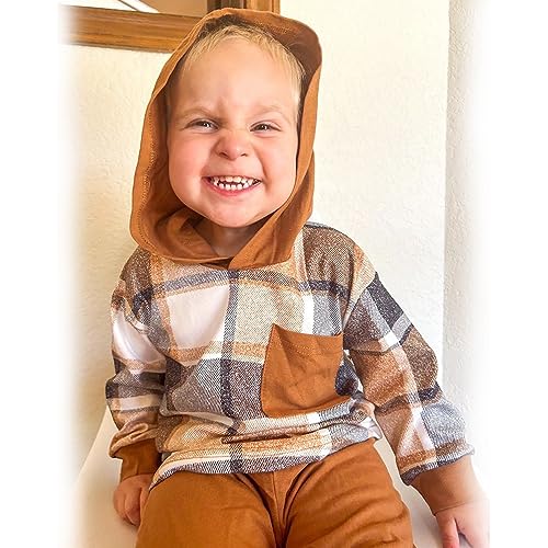 HINTINA Toddler Little Boy Plaid Sweatsuit Outfits Long Sleeve Hooded Sweatshirt Hoodie Fall Winter Clothes Clothing Set2