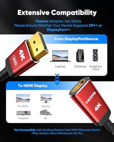 Image of Highwings 4K DisplayPort to HDMI Cable Adapter, DP to HDMI Cable Uni-Directional UHD (2K 60Hz, 1080p 120Hz), Display Port Male to HDMI Female Passive, Monitor Converter for Computer, GPU, AMD, NVIDIA