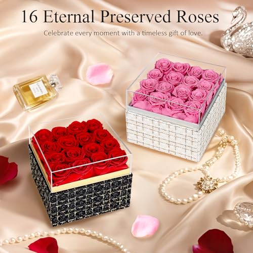 16 Preserved Rose, Eternal Pink Forever Flowers Roses in Acrylic Box, Flowers Gifts for Her Woman Wife Girlfriend on Birthday, Anniversary, Valentine's Day, Christmas - Image 3