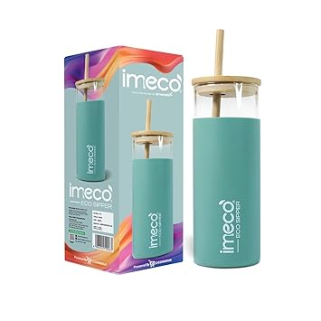 IMECO ECO Sipper Glass Bottle with Bamboo Lid & Straw 450ml | Borosilicate Glass Tumbler | Leakproof & BPA-Free | Reusable, Non-Toxic & Lightweight | Ideal for Milk, Coffee & Tea - Green