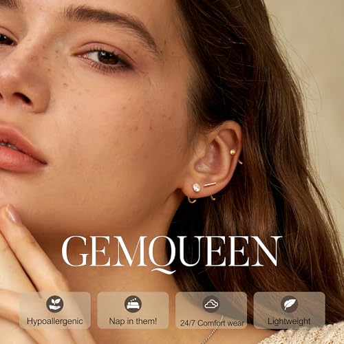 14K Gold Huggie Half Hoop Earrings Cartilage Helix Open Hugging Earrings for Women | 9 Pairs Hypoallergenic 316L Stainless Steel Jewelry Set with 5A CZ Pearl Heart Star Bar Dot Ball4