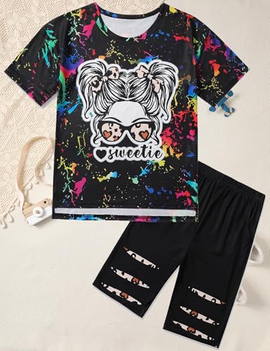 Image of Girls Clothes Short Sleeve Tie Dye Top Shorts and Pants 2PCS Girls Summer Outfits Size 6-16