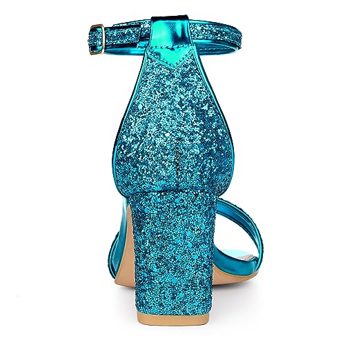 Allegra K Allegra K Women's Glitter Ankle Strap Chunky Heeled Lake Blue Sandals - 7.5 M US