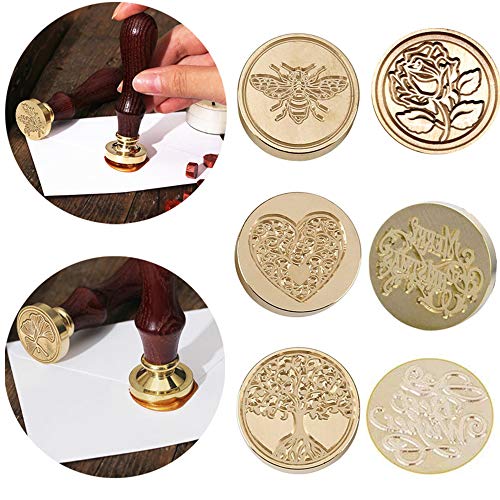 HOMEJIA Juego de 6 sellos de sellado de cera, estilo retro, clásico, extraíble, cabeza de cobre con 1 mango de madera para sobres, tarjeta postal, invitación de boda, caja de regalo